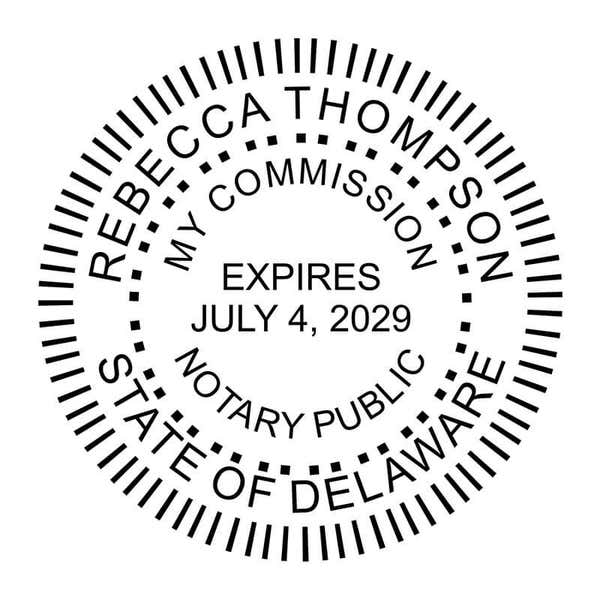 Delaware Notary Public Round Stamp Seal impression in black ink example