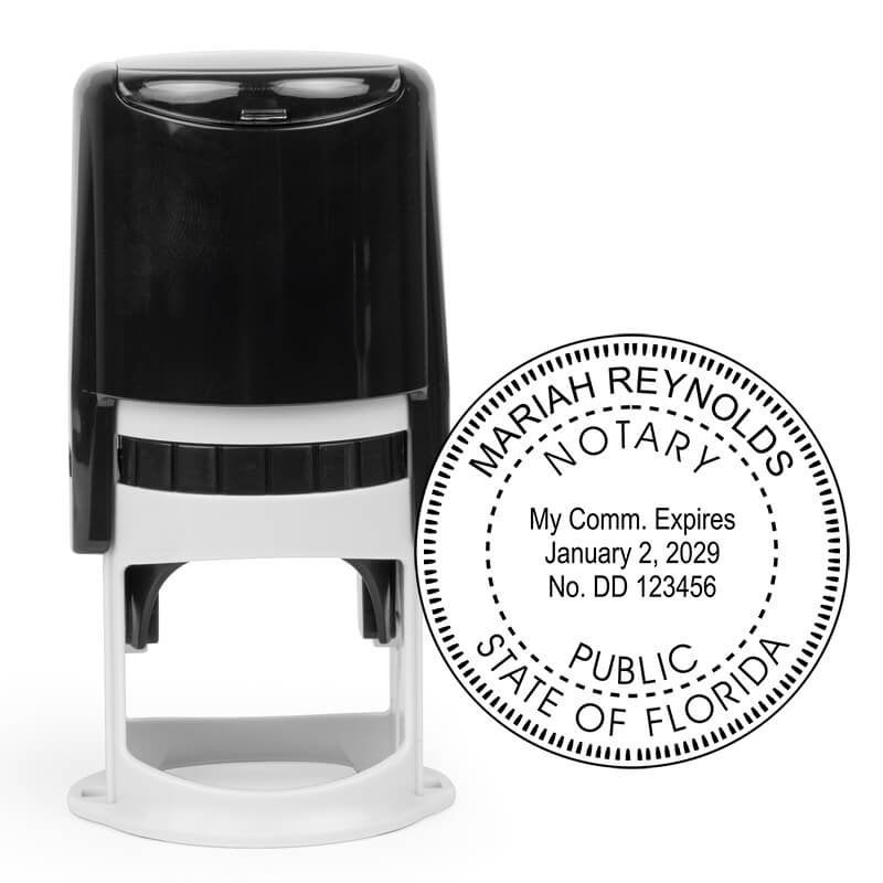 Self-inking Florida notary stamp with round seal and custom commission expiration details.