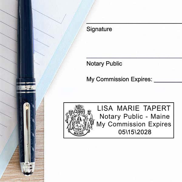 Maine Notary Rectangle impression example on white paper