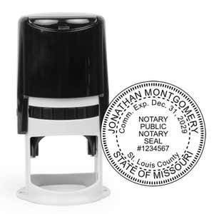 Self-inking round notary stamp with visible official impression design.