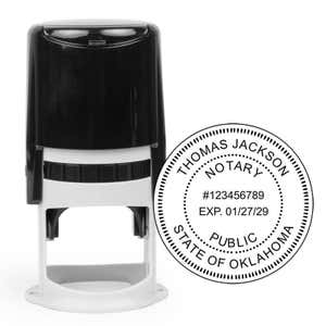 Oklahoma notary stamp with circular layout and self-inking stamp body.