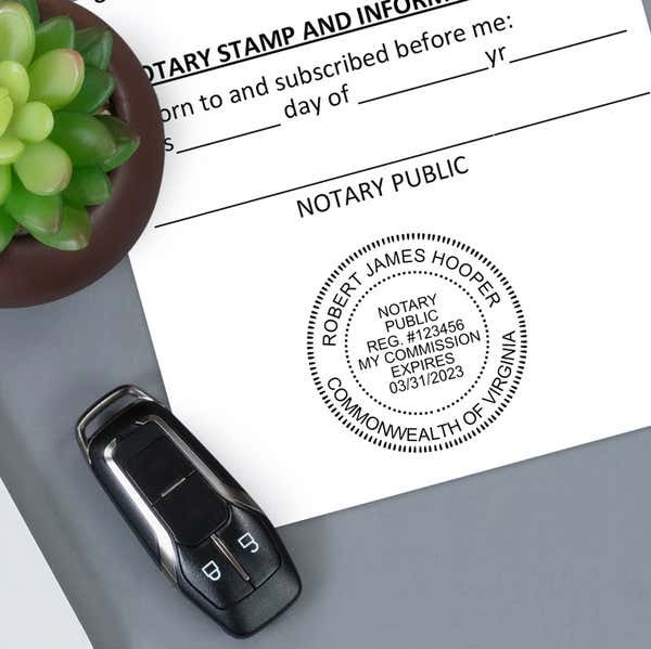 The Virginia Round Notary Seal comes with in your choice of stamp or embosser