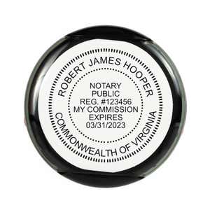 An overhead view of the Virginia Round Notary Seal on the Shiny S-552 self-inking stamp