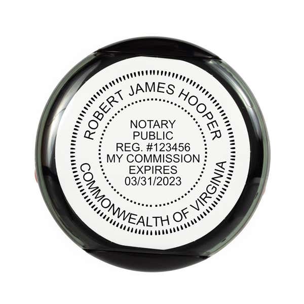 An overhead view of the Virginia Round Notary Seal on the Shiny S-552 self-inking stamp