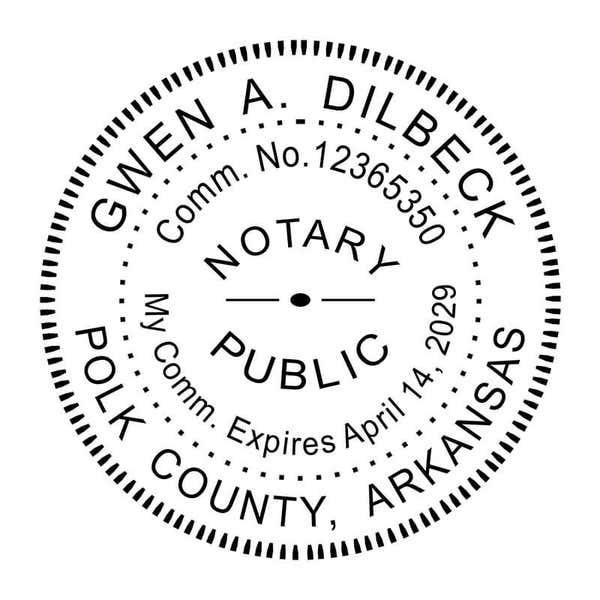 Arkansas notary public stamp featuring name, county, expiration date, and circular border design.