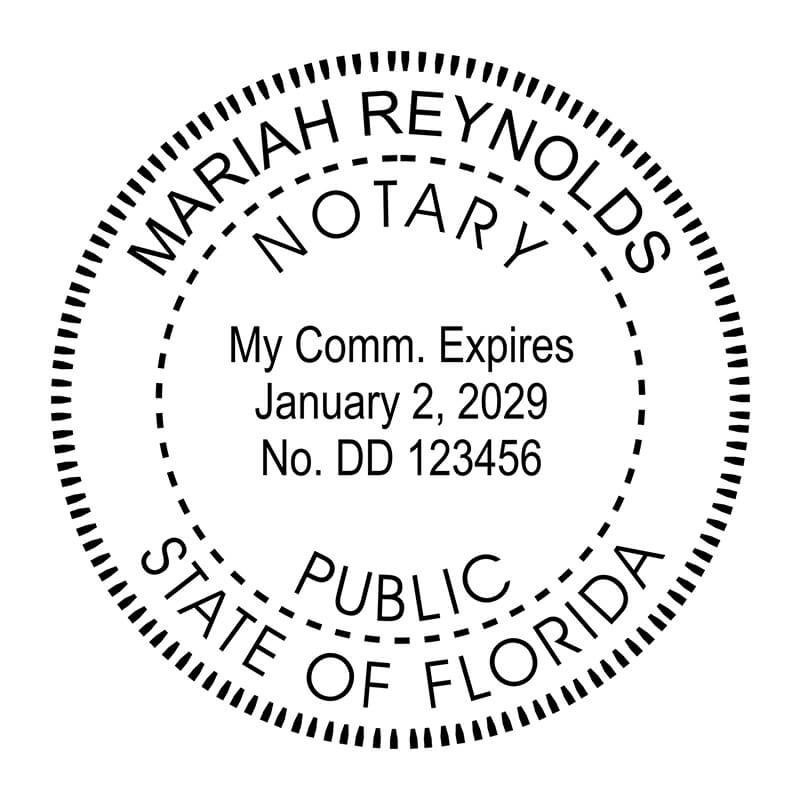 Florida notary public stamp with name, commission expiration, and circular seal layout.