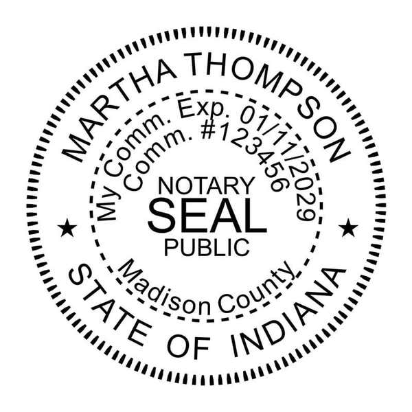 Impression of Indiana round notary stamp in black ink