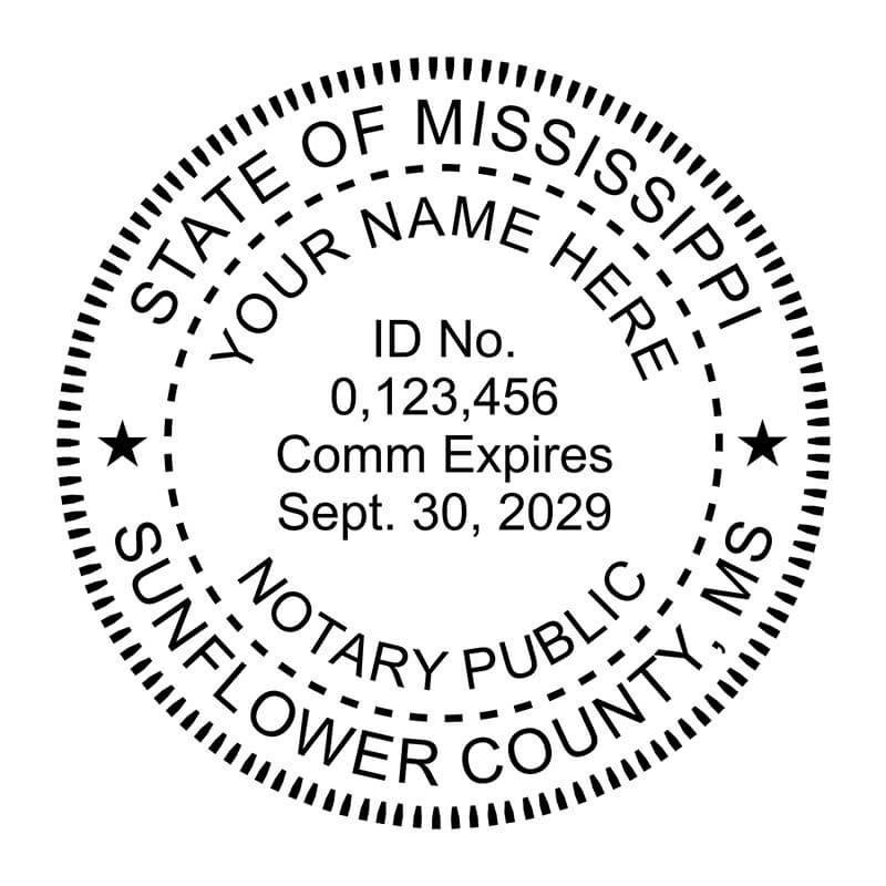 Mississippi notary stamp with name, commission expiration, and circular seal layout.