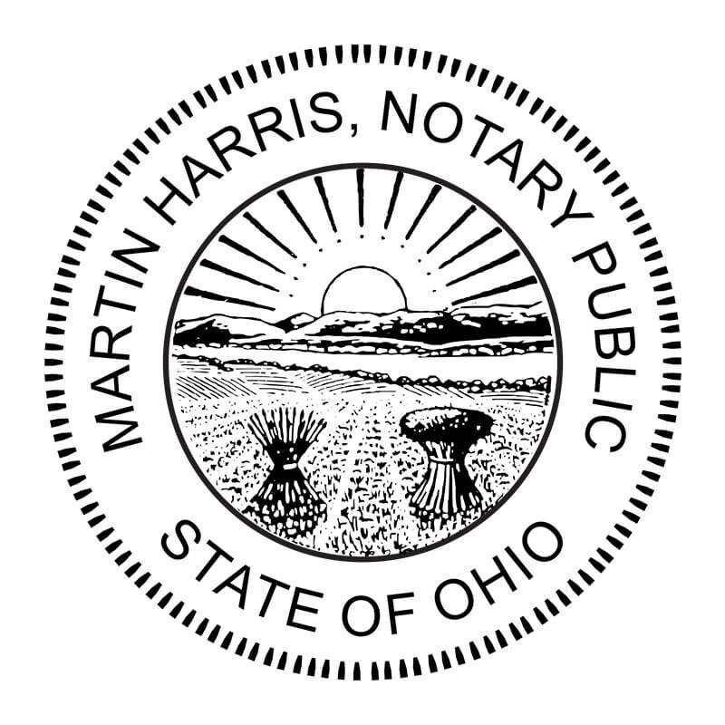 Ohio notary public stamp with sunrise and farmland seal design in circular format.