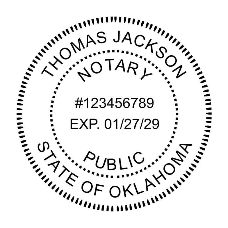 Close-up view of a circular Oklahoma notary stamp design with name, commission number, and expiration date.