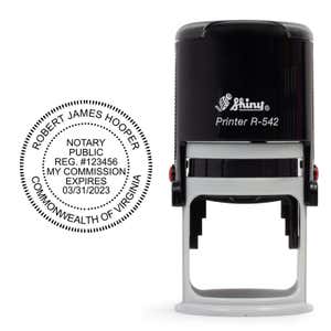 The Virginia Notary Round Stamp impression next to the Shiny R-542 self-inking stamp