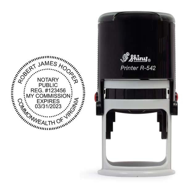 The Virginia Notary Round Stamp impression next to the Shiny R-542 self-inking stamp