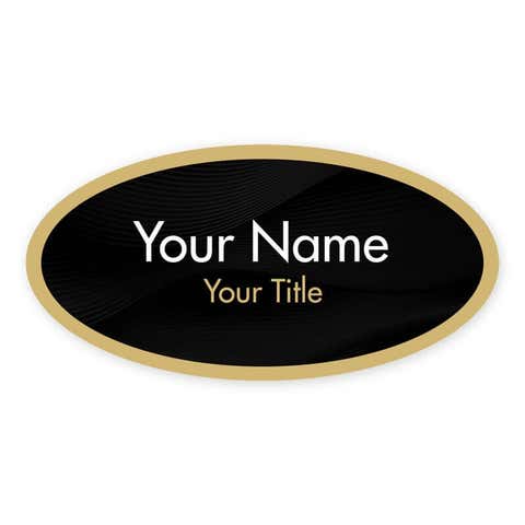 1.5" x 3" UV Printed Full Color Oval Name Tag on Corporate Black Background with Gold Outline