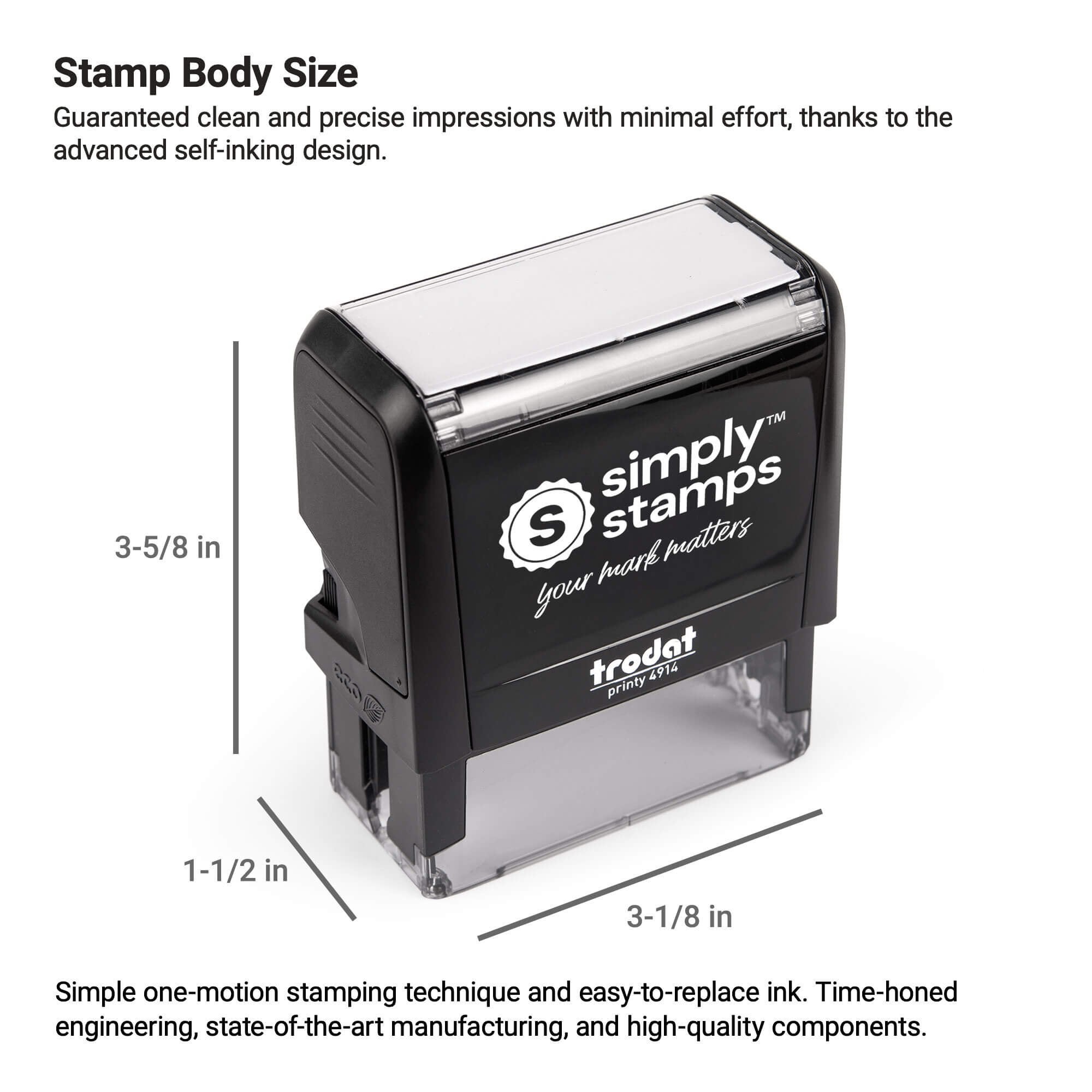 Infographic showing the Simply Stamps self-inking stamp body with labeled dimensions for height, width, and depth.