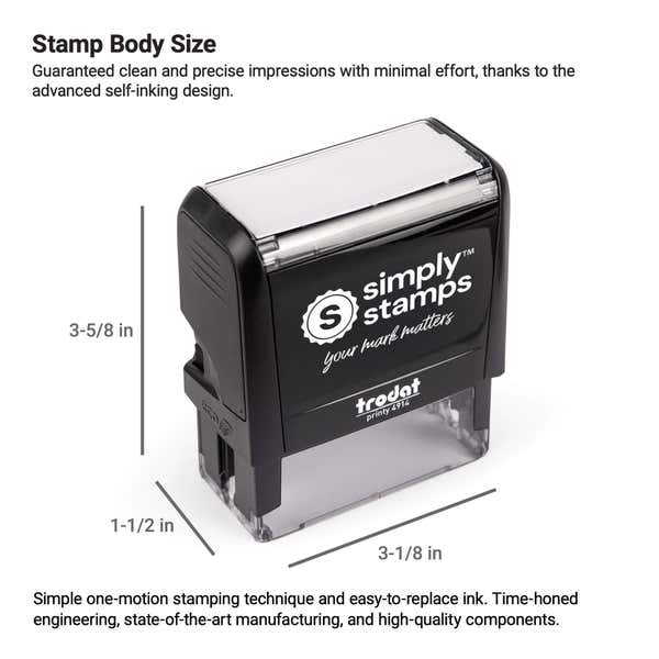 Infographic showing the Simply Stamps self-inking stamp body with labeled dimensions for height, width, and depth.