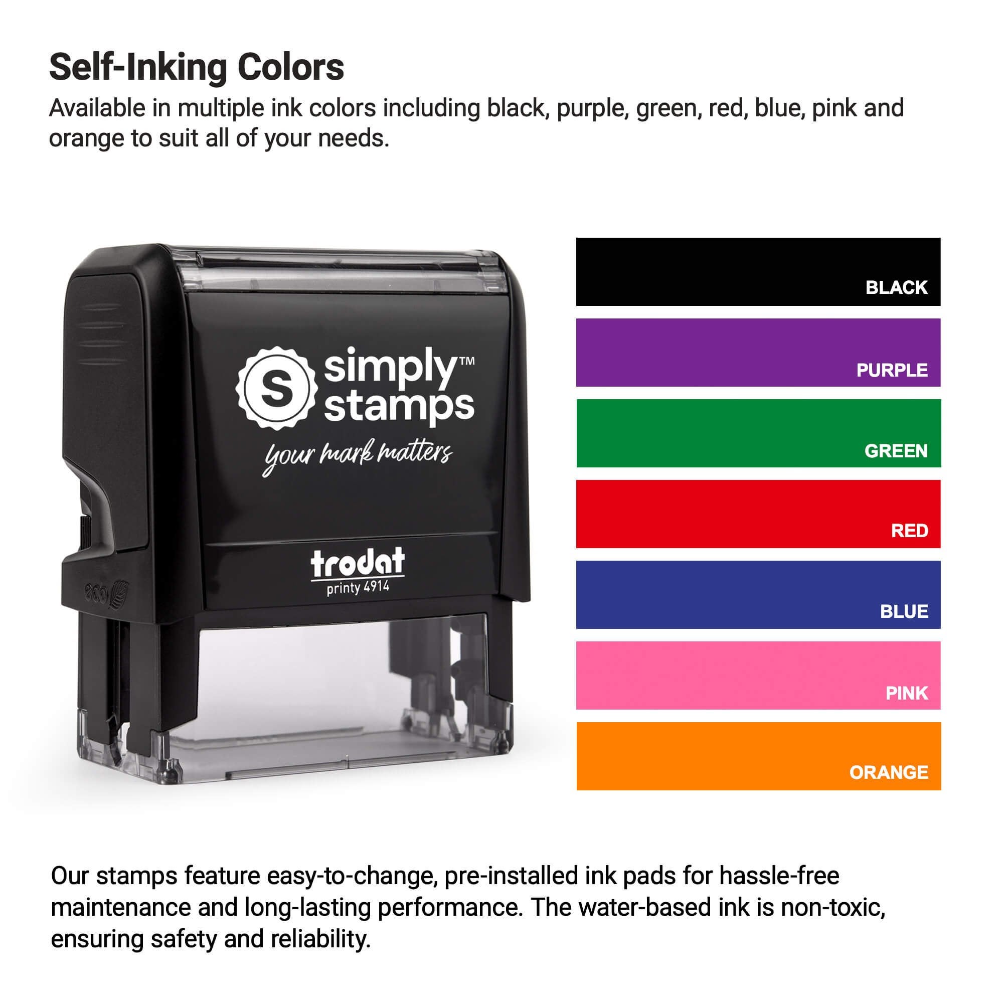 Self-inking stamp displayed beside available ink color options, including black, purple, green, red, blue, pink, and orange.