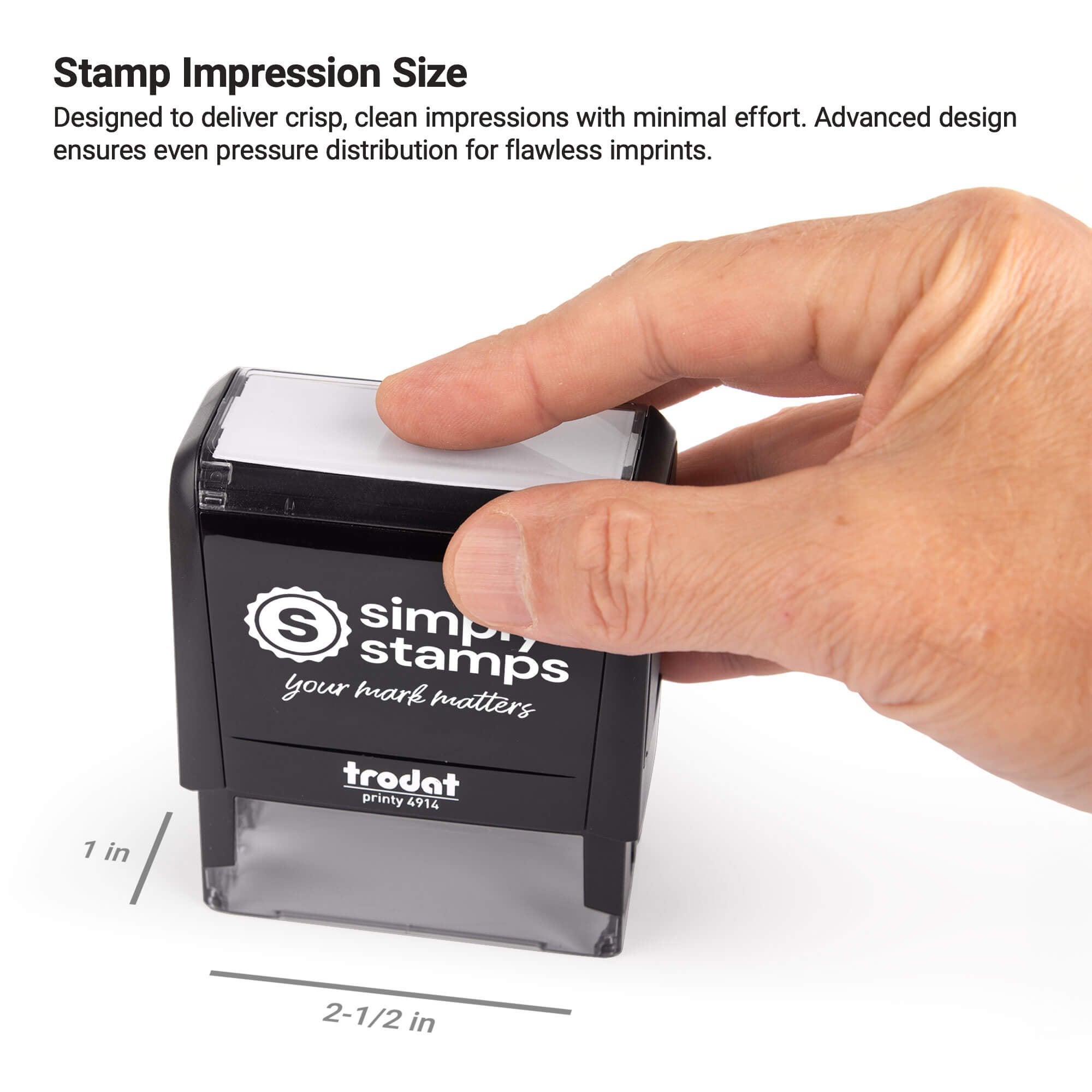 Hand pressing a Simply Stamps self-inking stamp with labeled impression size measurements for width and height.