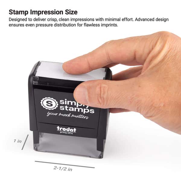Hand pressing a Simply Stamps self-inking stamp with labeled impression size measurements for width and height.