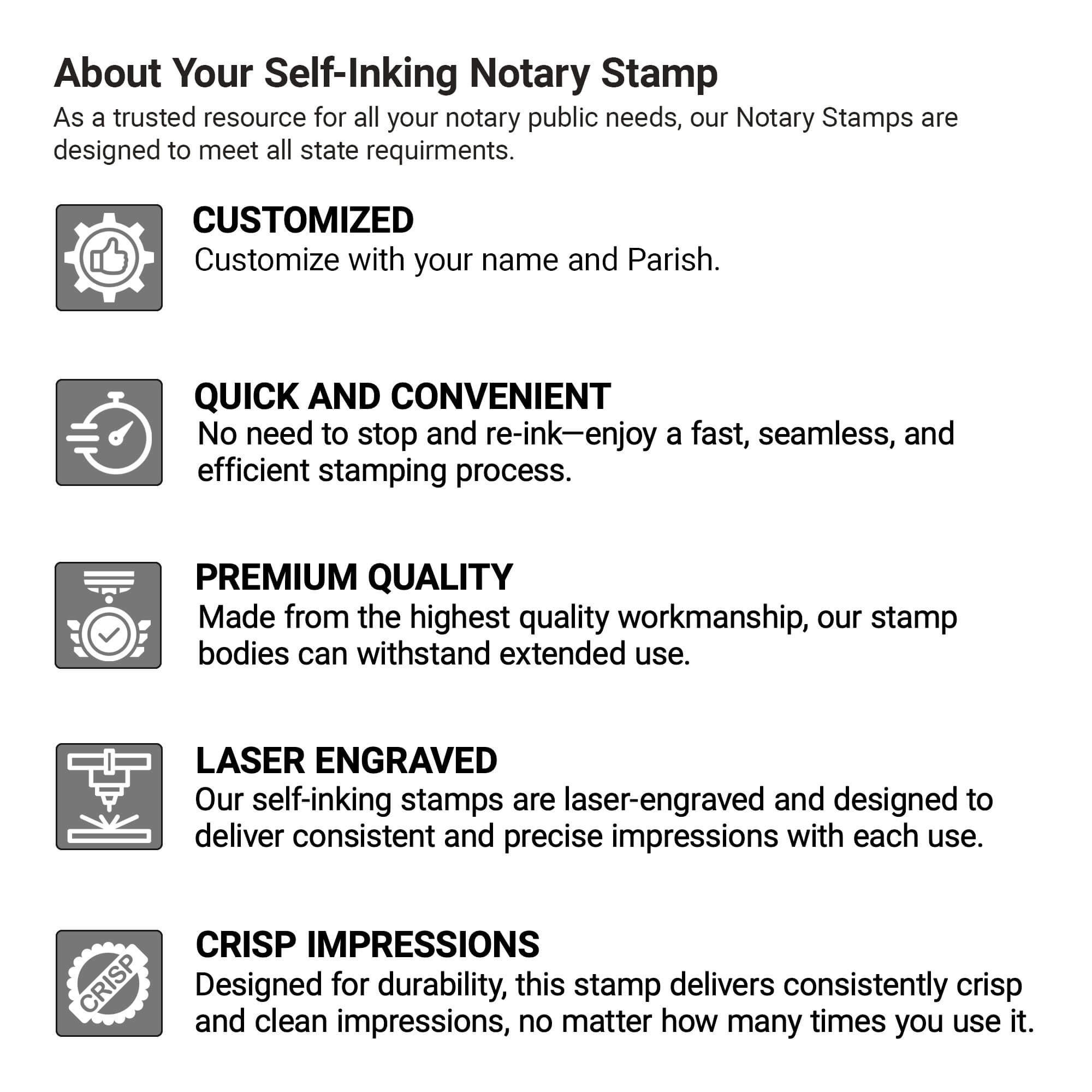 Infographic highlighting features of a self-inking notary stamp including customization, quick stamping, premium quality, laser engraving, and crisp impressions.