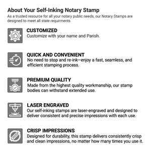 Infographic highlighting features of a self-inking notary stamp including customization, quick stamping, premium quality, laser engraving, and crisp impressions.