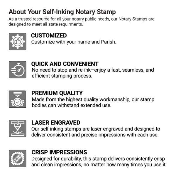 Infographic highlighting features of a self-inking notary stamp including customization, quick stamping, premium quality, laser engraving, and crisp impressions.