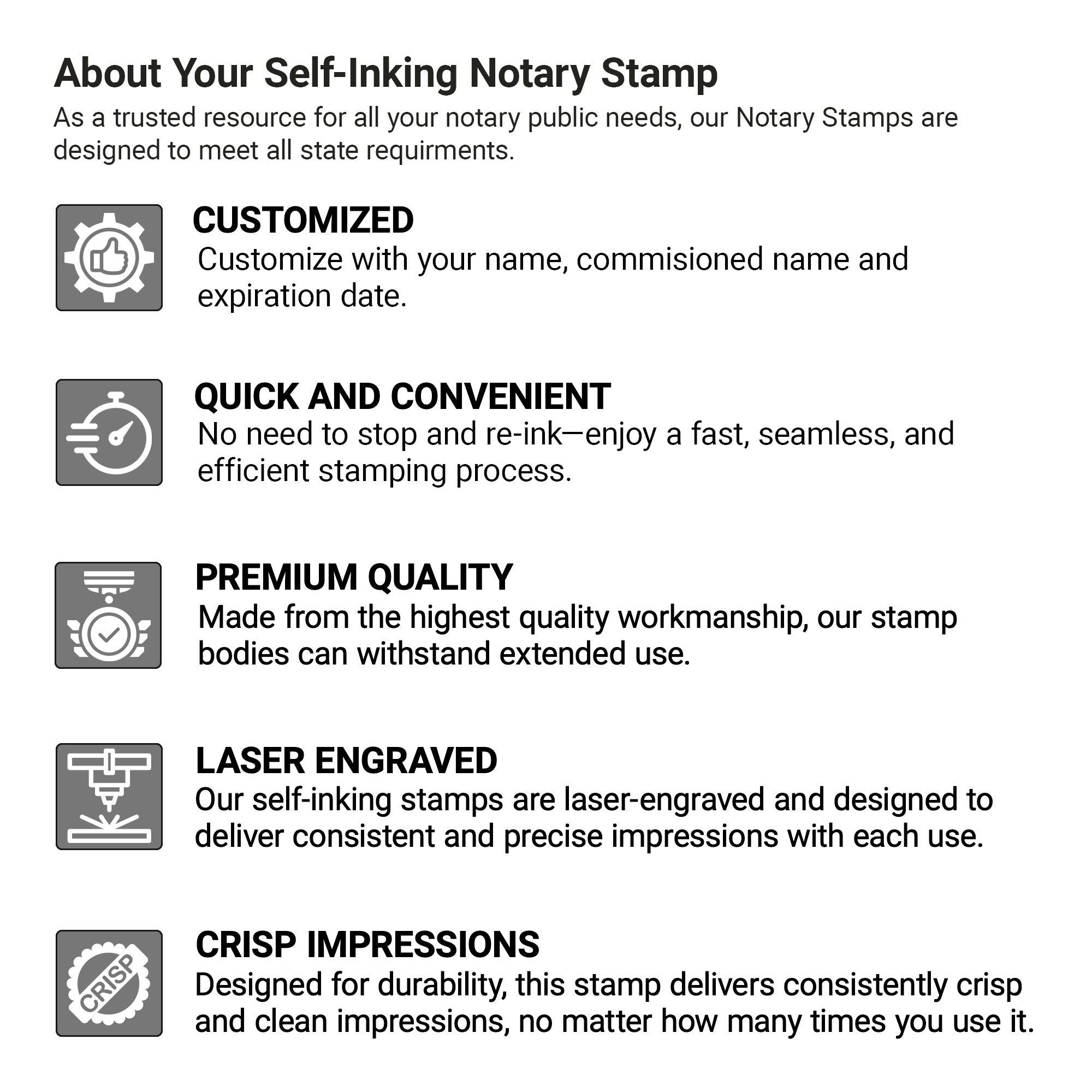 Notary stamp feature infographic highlighting customization, premium quality, laser engraving, and crisp impressions