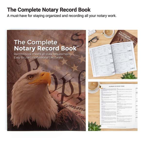 Visual overview of the Complete Notary Record Book with interior pages showing forms and glossary sections for organized notary record-keeping.
