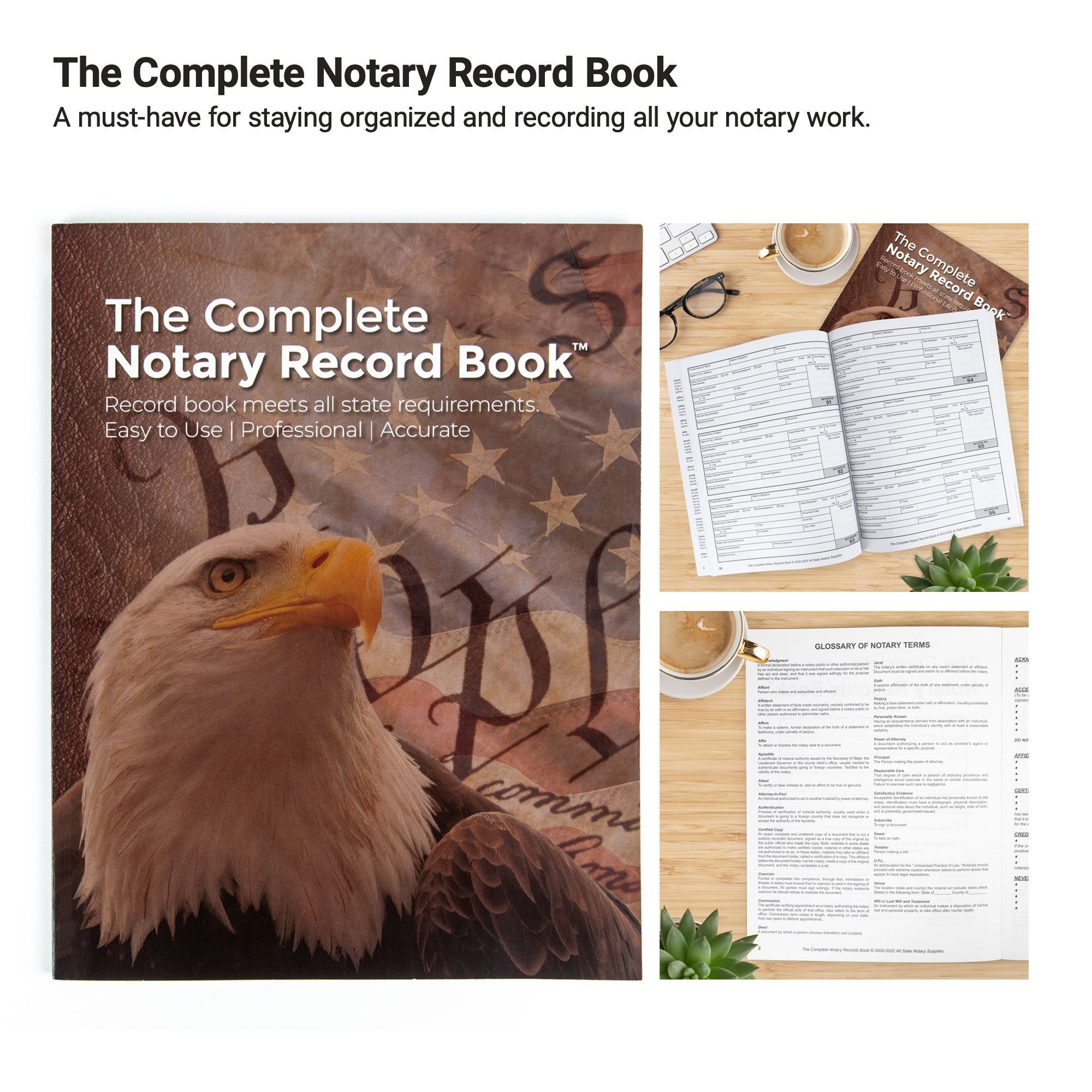 The Complete Notary Record Book shown with open pages and cover design for professional record keeping