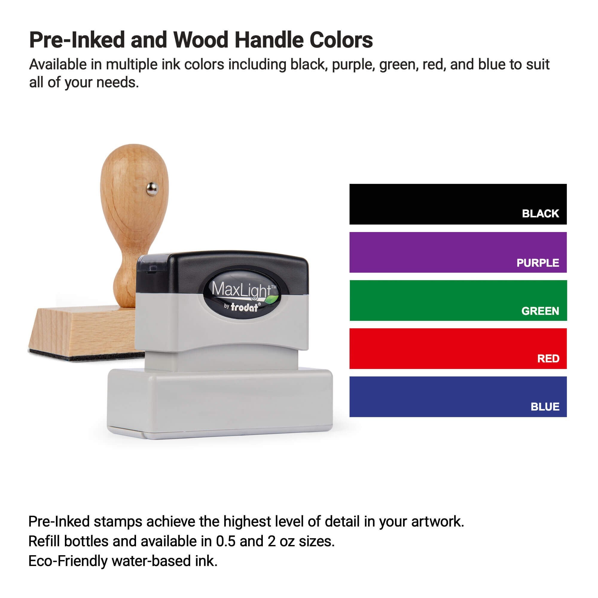 Pre-inked and wood-handle stamp options shown with available ink colors including black, purple, green, red, and blue.