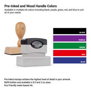 Pre-inked and wood-handle stamp options shown with available ink colors including black, purple, green, red, and blue.