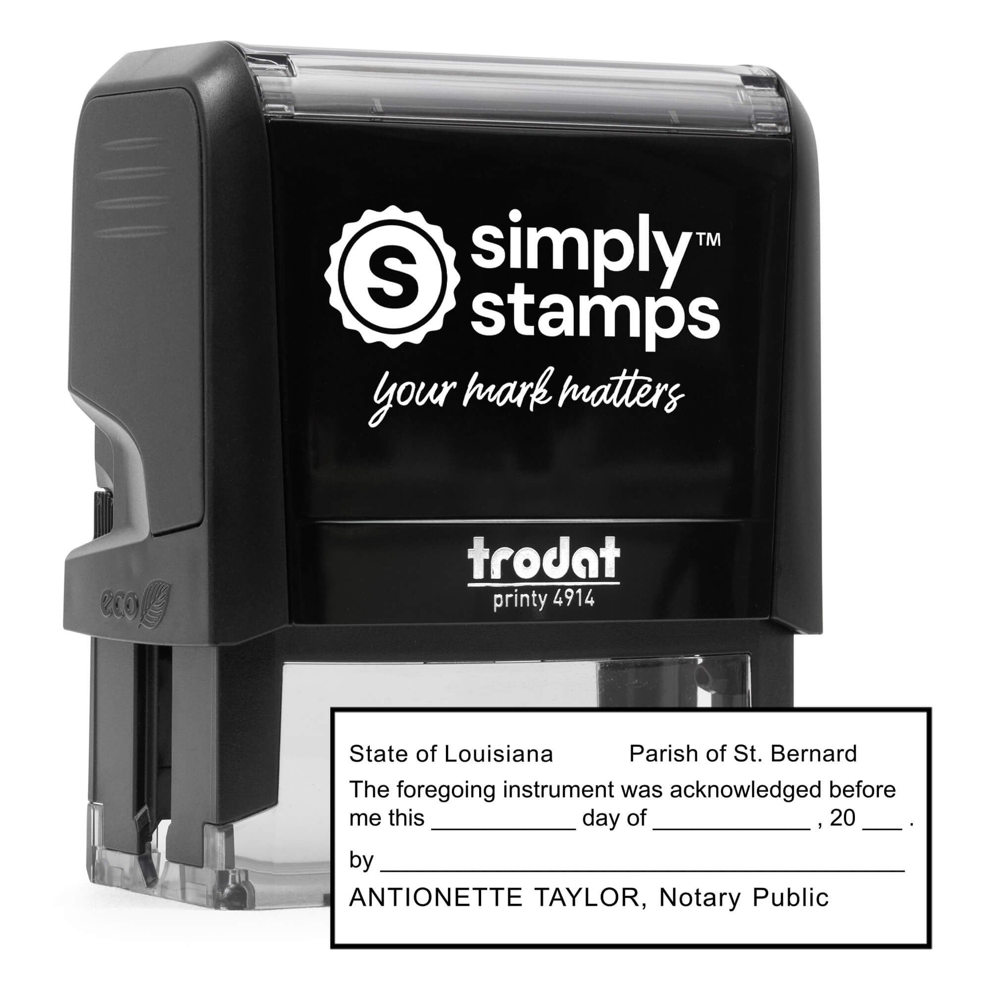 Louisiana notary acknowledgment self-inking stamp shown at an angle with a clear stamped impression displayed beneath it.
