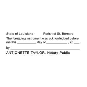 Close-up of the Louisiana notary acknowledgment stamp template printed on a white background, showing customizable fields.