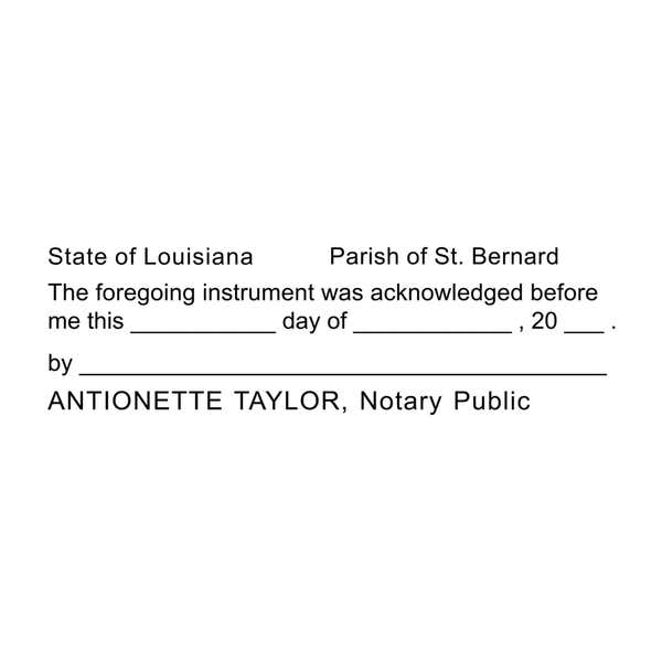 Close-up of the Louisiana notary acknowledgment stamp template printed on a white background, showing customizable fields.