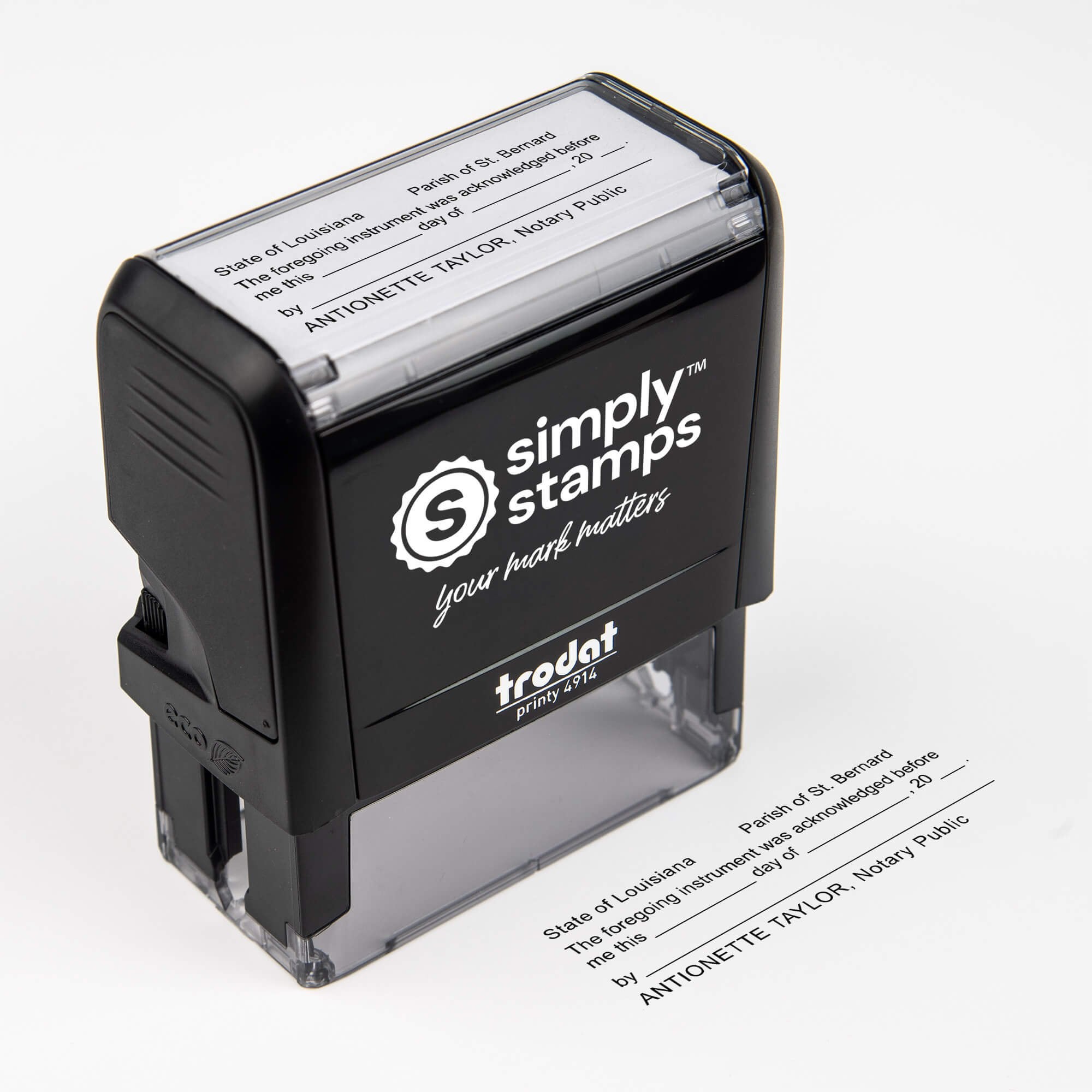 Top-angled product shot of the Louisiana notary acknowledgment stamp with a crisp sample impression shown below.