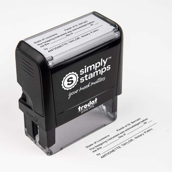 Top-angled product shot of the Louisiana notary acknowledgment stamp with a crisp sample impression shown below.