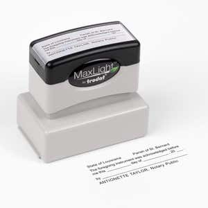 MaxLight pre-inked Louisiana notary stamp shown at a top angle with the sample acknowledgment impression below.