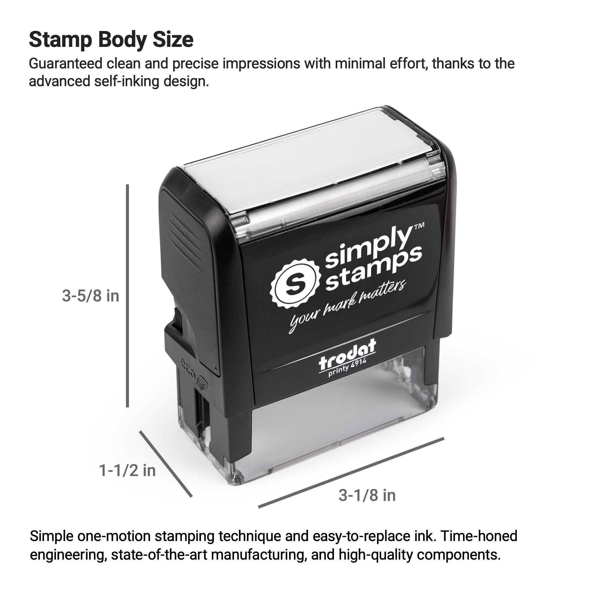 Trodat Printy 4914 self inking notary stamp body size infographic showing overall dimensions