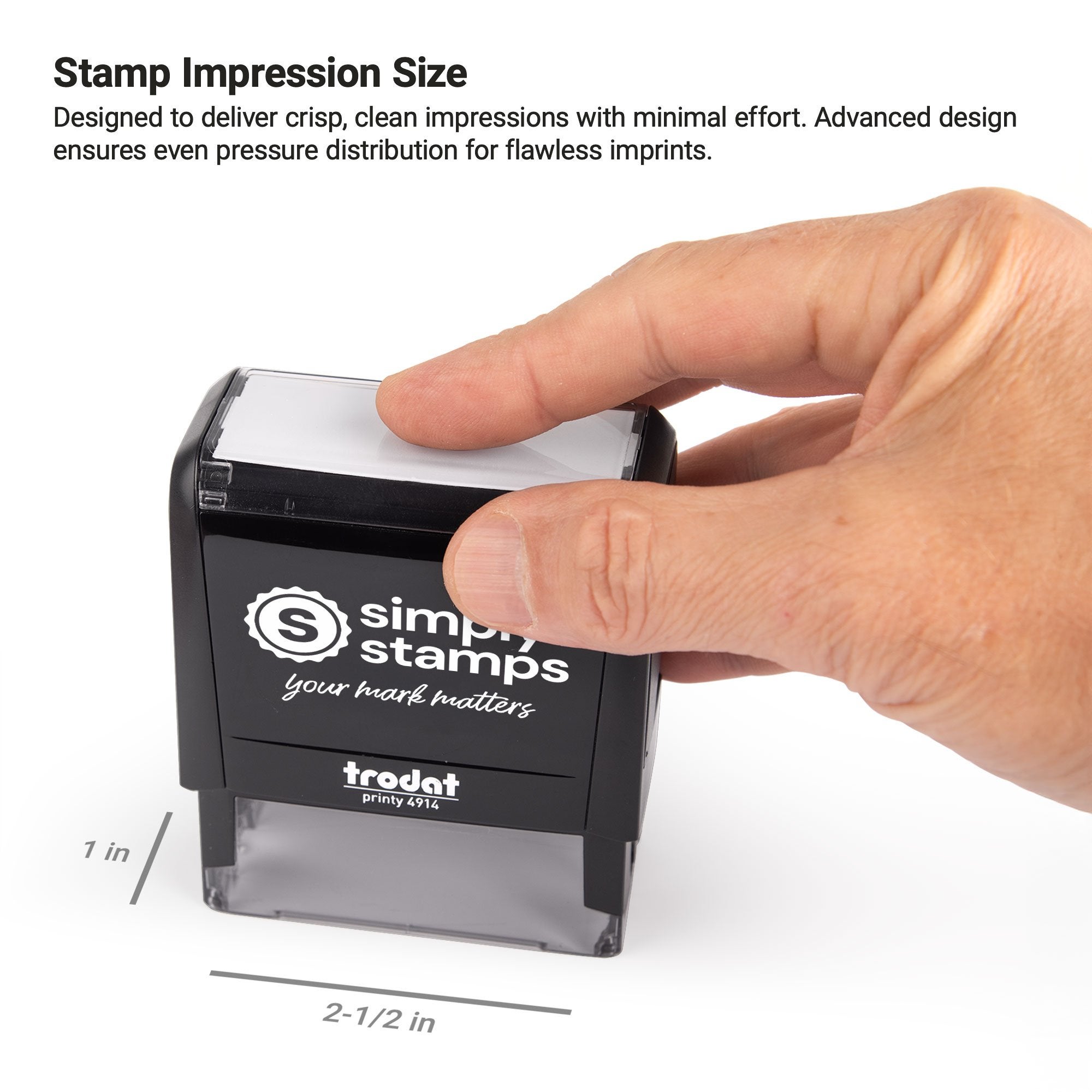 Notary stamp impression size infographic showing a 1 inch by 2.5 inch rectangular imprint