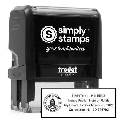 Florida notary self inking stamp with Trodat Printy 4914 body shown next to a clear stamped impression