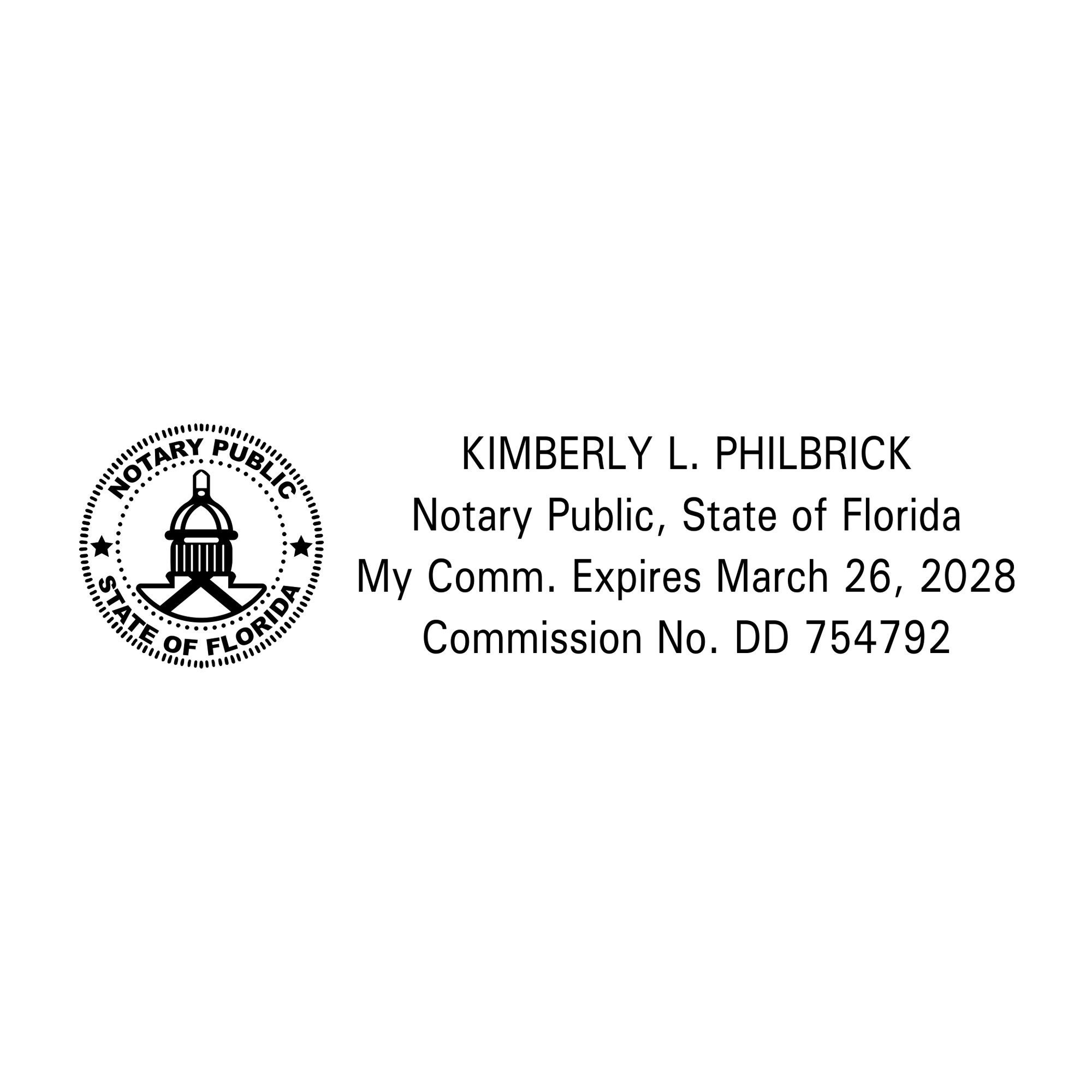 Florida notary stamp design layout displaying required notary text and state seal on a white background