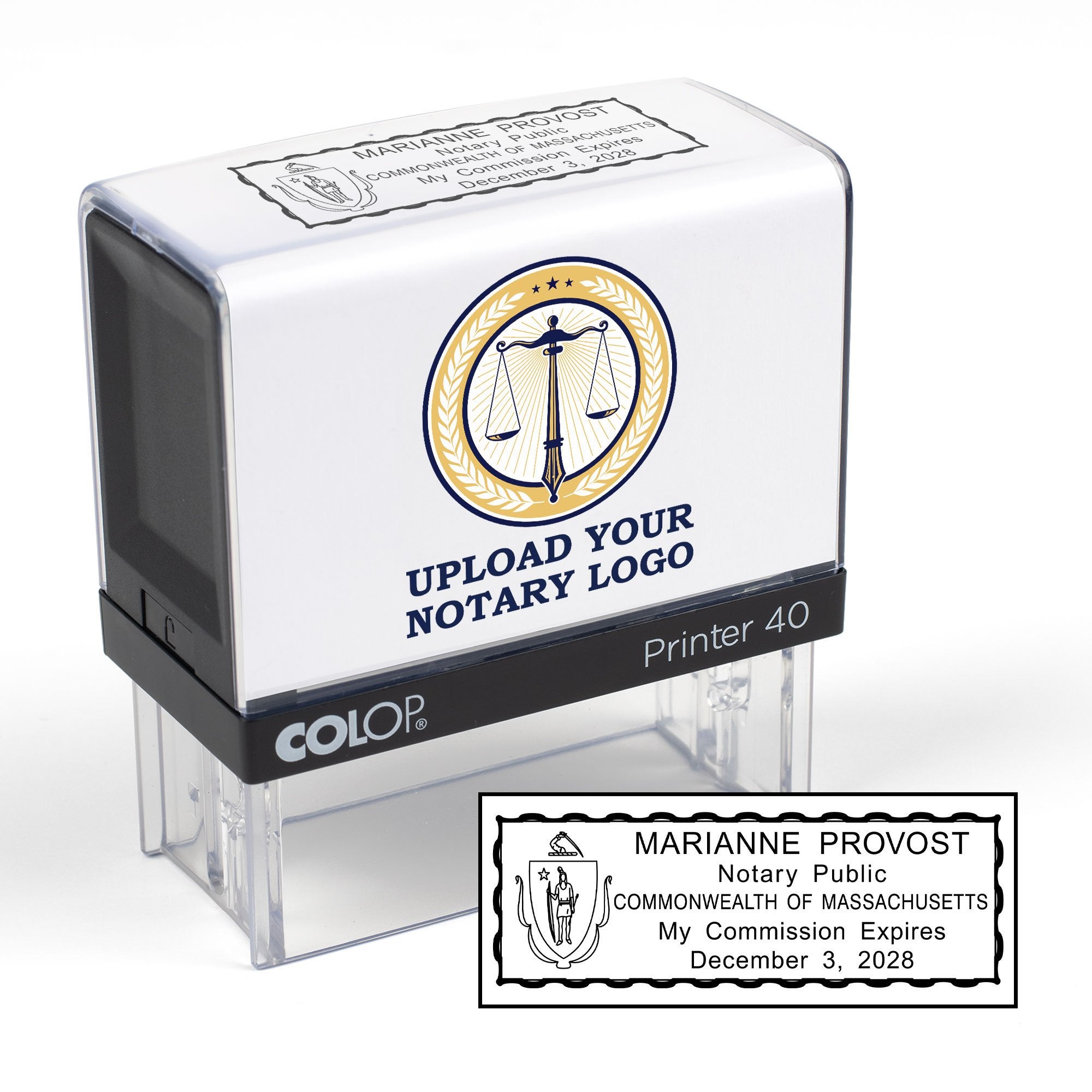 The Custom Massachusetts Notary Stamp with an example stamp impression