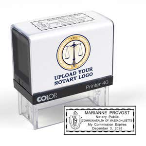 The Custom Massachusetts Notary Stamp with an example stamp impression