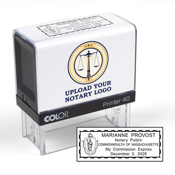 The Custom Massachusetts Notary Stamp with an example stamp impression