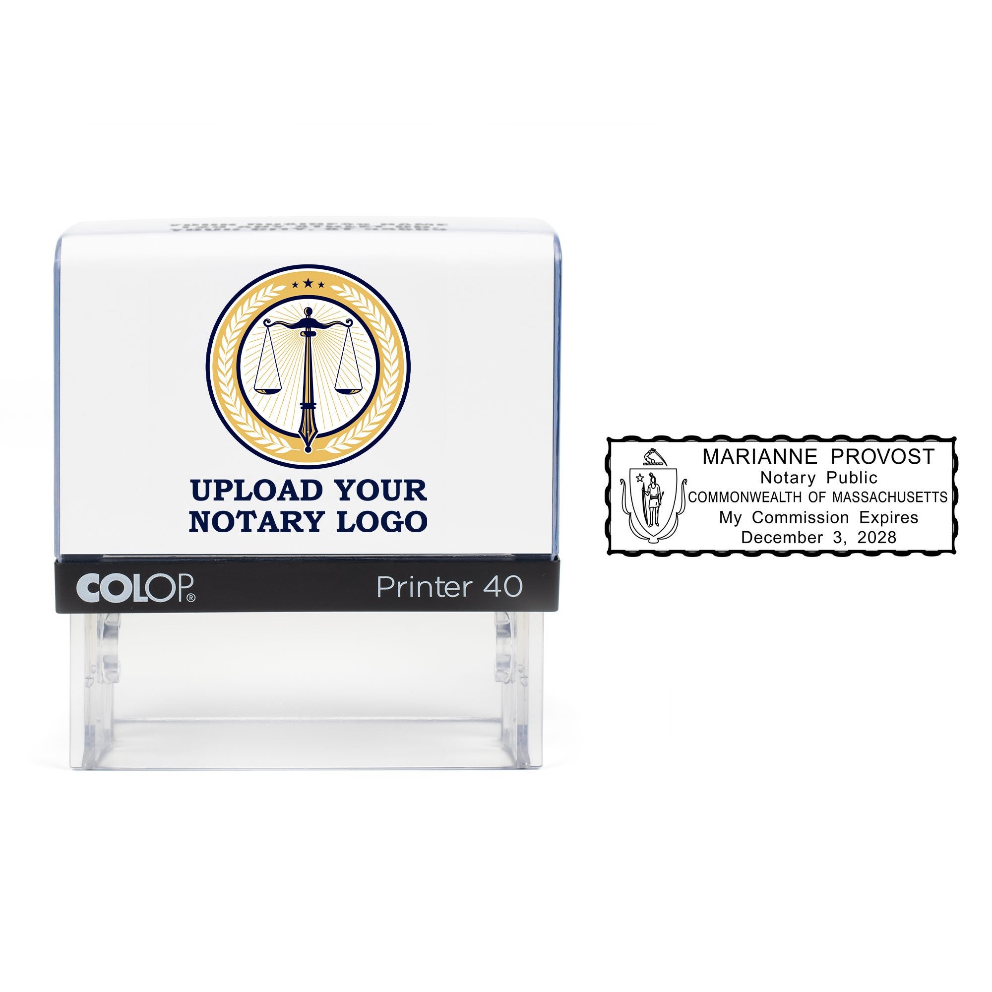The Custom Massachusetts Notary Stamp with an example impression to the right