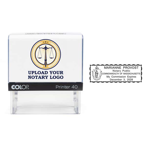 The Custom Massachusetts Notary Stamp with an example impression to the right