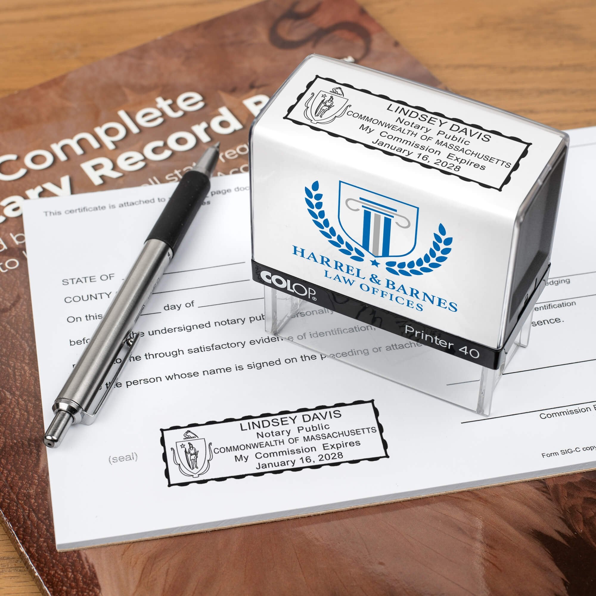 The Custom Massachusetts Notary Stamp impression on a document