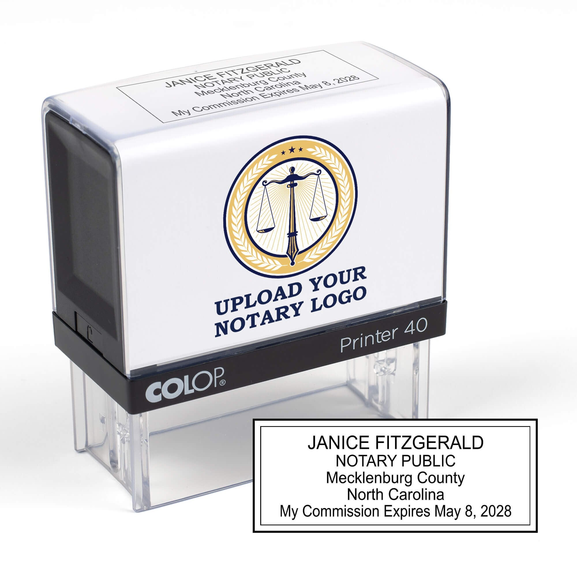 The Custom North Carolina Notary Stamp body and stamp impression