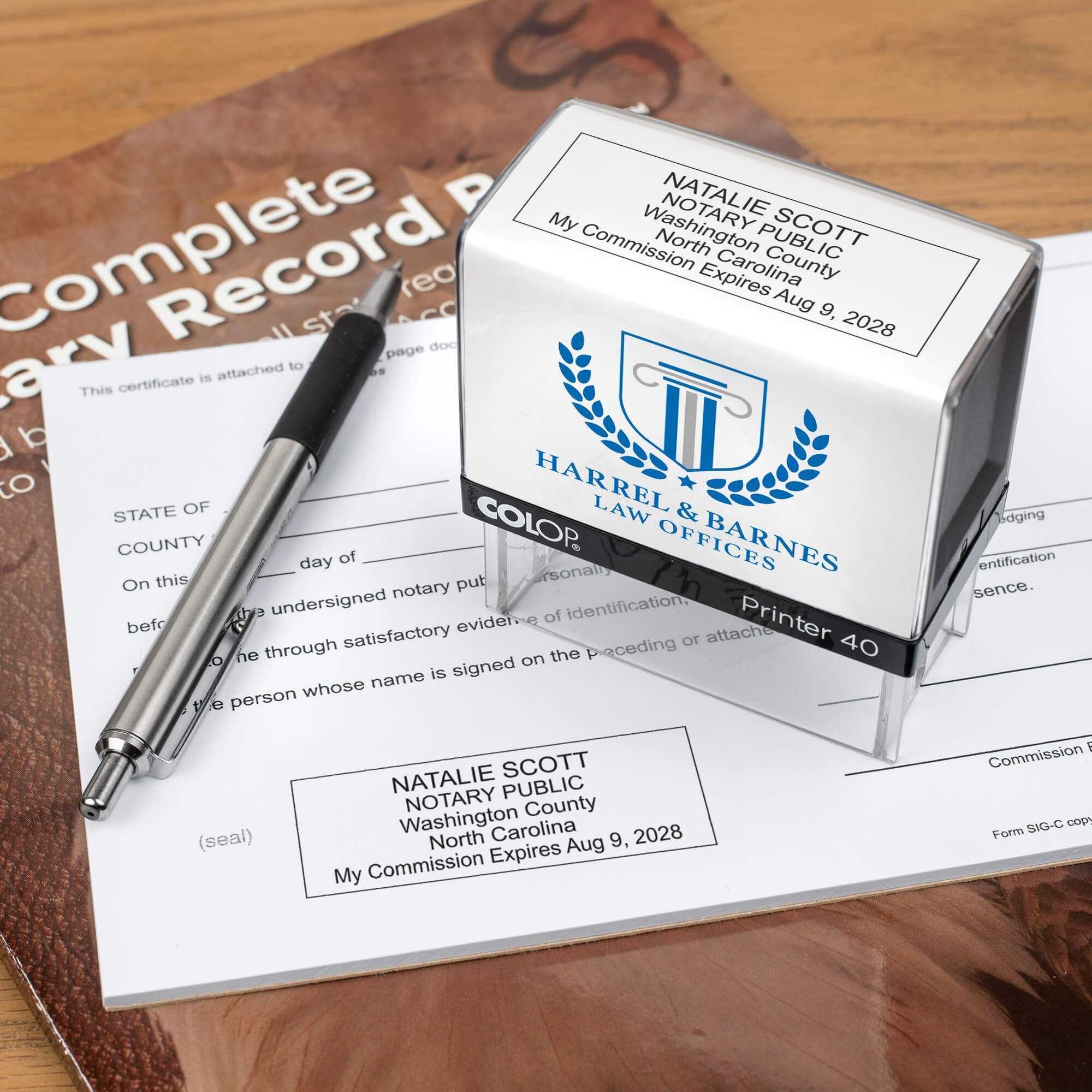 The Custom North Carolina Notary Stamp for a law office on a document
