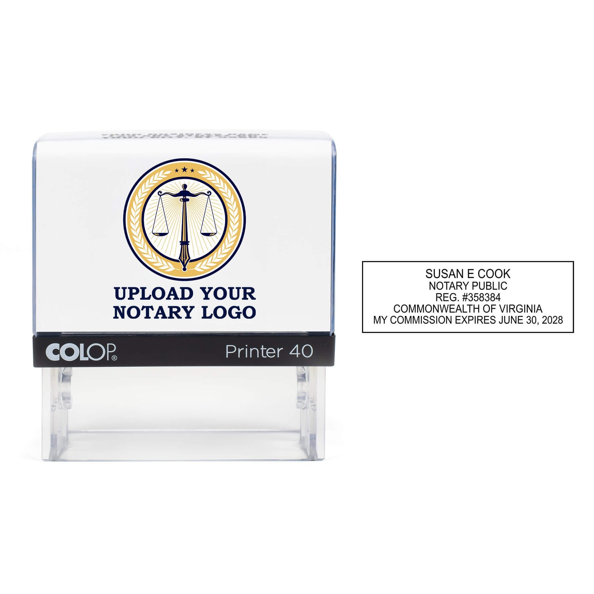 The Virginia Notary Stamp with Custom Logo next to an example of the stamp impression