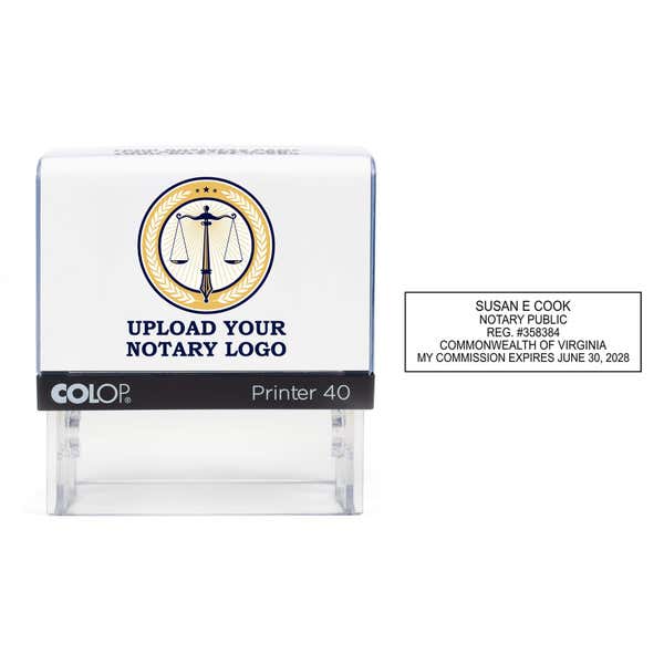 The Virginia Notary Stamp with Custom Logo next to an example of the stamp impression